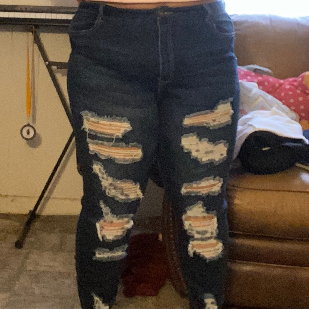 High Waisted Dark Wash Ripped Jeans